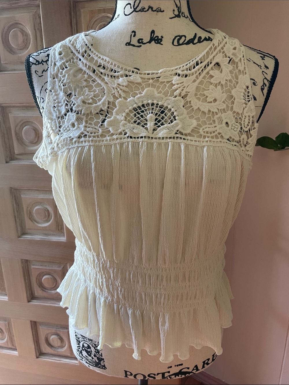 Boho Cream Crochet Yoke Smocked Camisole